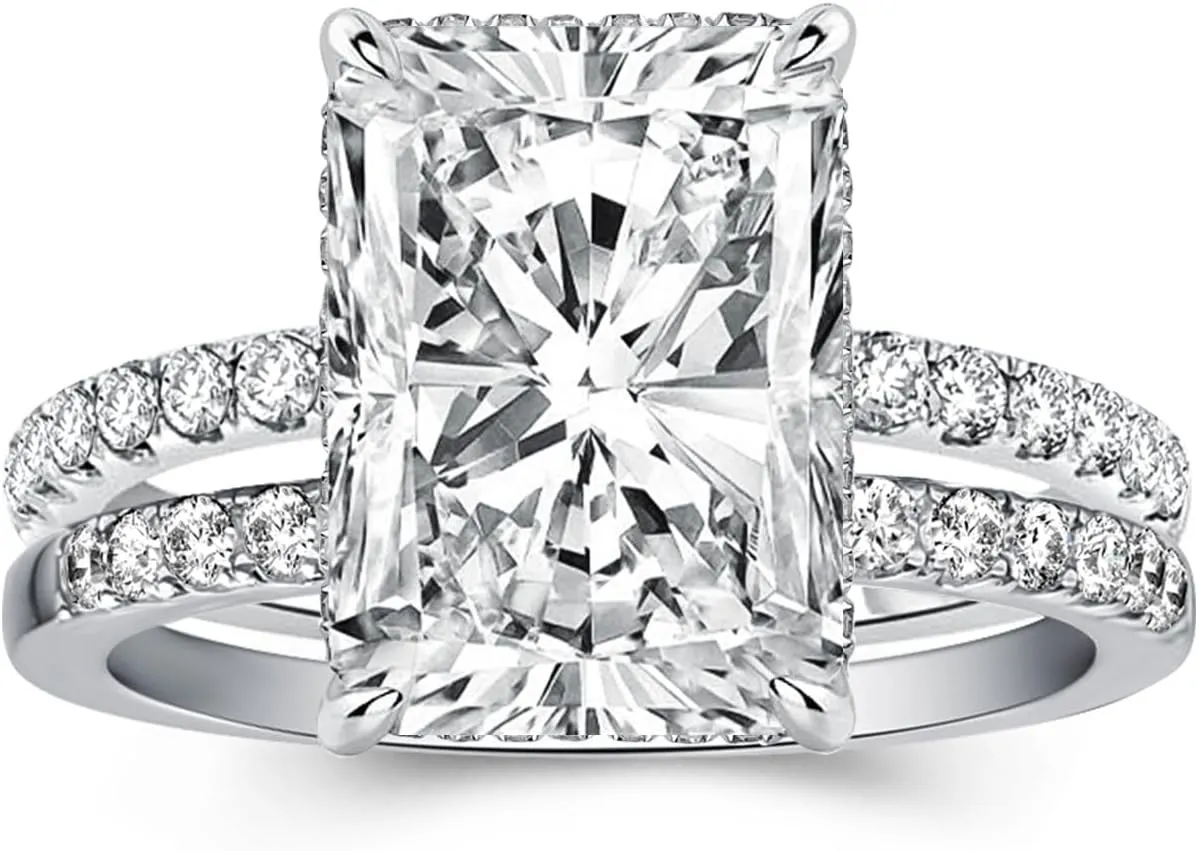 4.0ct Radiant Cut Engagement Ring Set,Rectangle Crushed Ice D Color 925 Sterling Silver Bridal Ring Set with Half Eternity Wedding Band