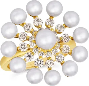 4/5 Carat Diamond with Fresh Water Pearl Flower Radiant Star Ring for Women in 14k Yellow Gold (White, 0.83 cttw) Anniversary Ring Size 4 to 10 by LeVian