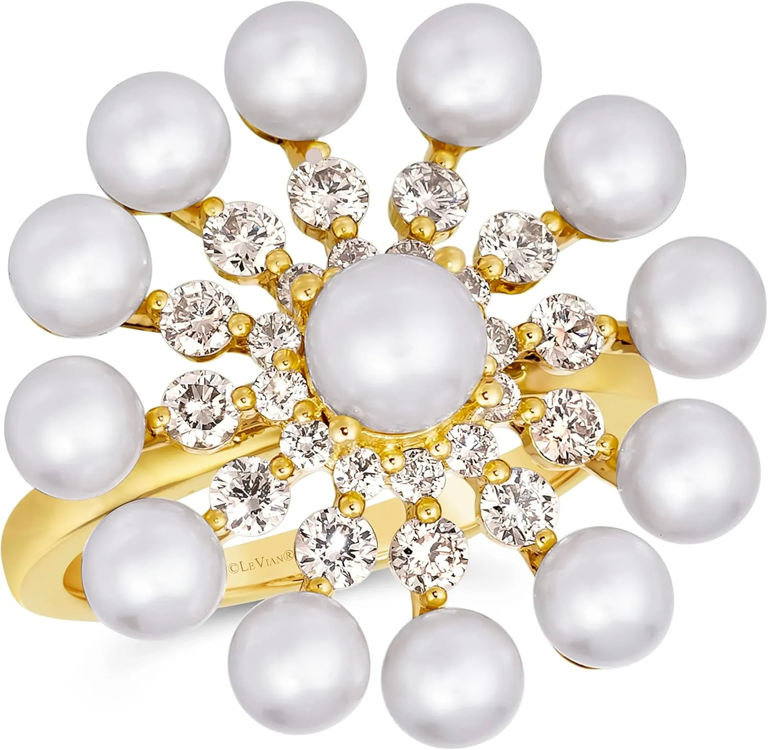 4/5 Carat Diamond with Fresh Water Pearl Flower Radiant Star Ring for Women in 14k Yellow Gold (White, 0.83 cttw) Anniversary Ring Size 4 to 10 by LeVian