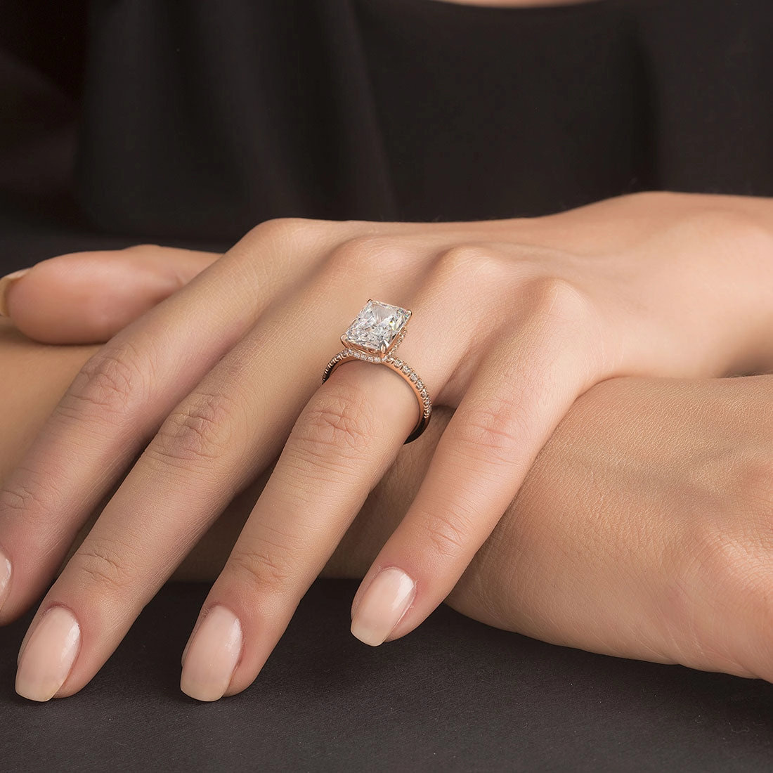 4.85ctw GIA Certified F-VVS1 Radiant Cut Under Halo Petite Micropavé Lab Grown Diamond Engagement Ring set in 14k Rose Gold