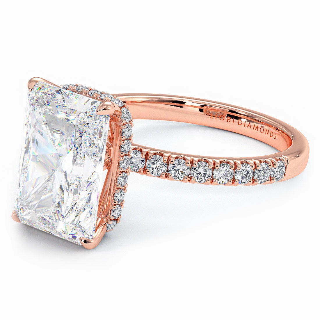 4.85ctw GIA Certified F-VVS1 Radiant Cut Under Halo Petite Micropavé Lab Grown Diamond Engagement Ring set in 14k Rose Gold