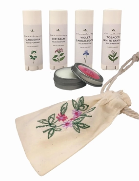 5 Piece Set - Natural Travel Size Solid Perfume with Free Embroidered Cotton Bag - Phthalate Free - Rose Garden, Bee Balm, Violet Sandalwood, Gardenia, Tobacco White Santal