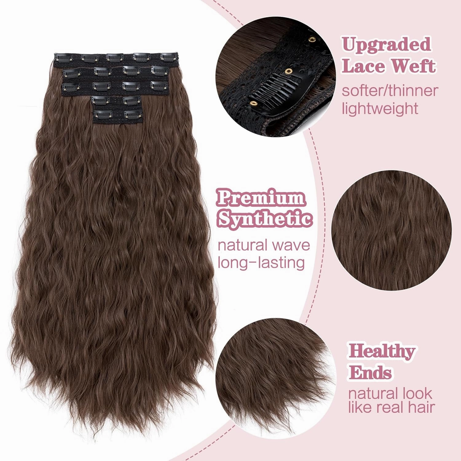 5PCS Clip in Hair Extensions,24 inch Long Loose Waves Curly Hair Extensions Natural Soft Lace Weft Seamless Clip-Ins Synthetic Hairpieces for Women #8