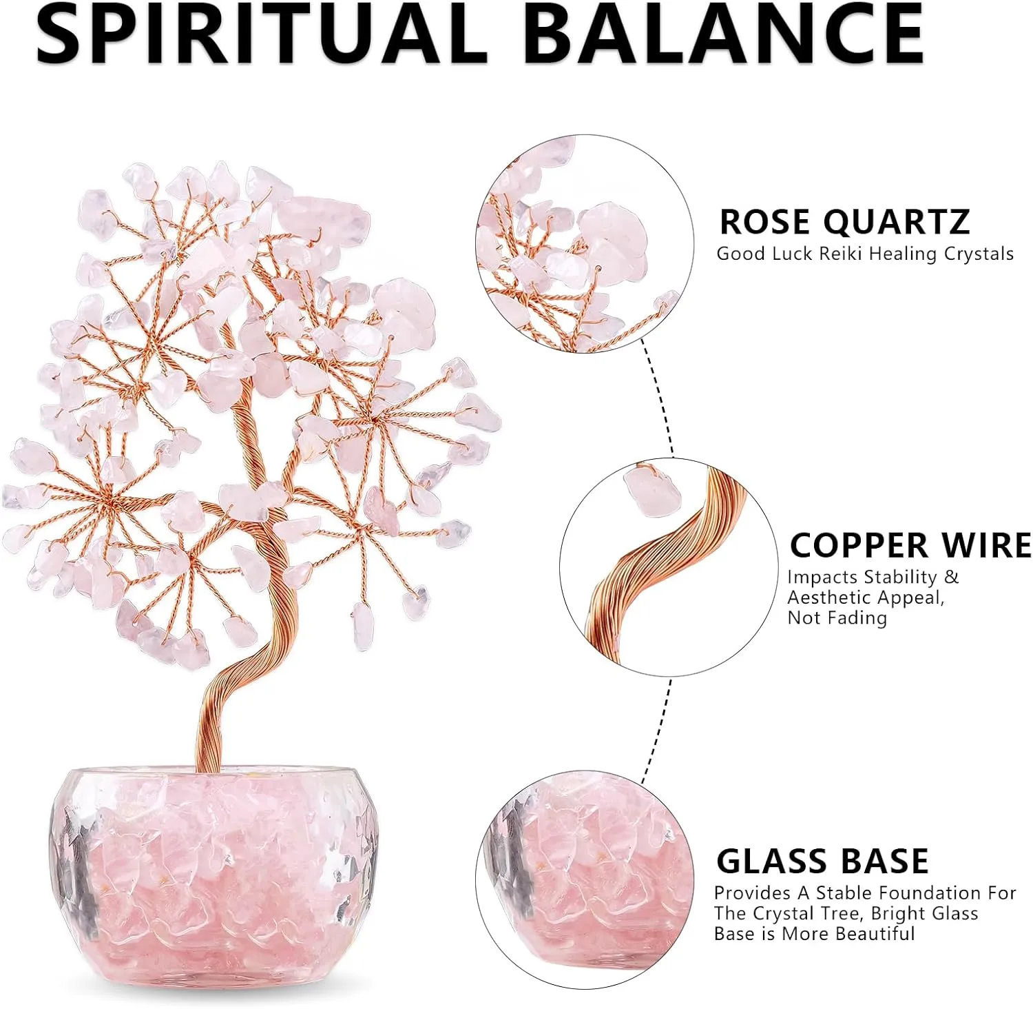 6 inch Rose Quartz Crystal Tree of Life Healing Chakra Tree for Positive Energy, Good Luck Gemstone Money Tree Bonsai Feng Shui Tree for Home Office Desk Decor Reiki Spiritual Gift for Women