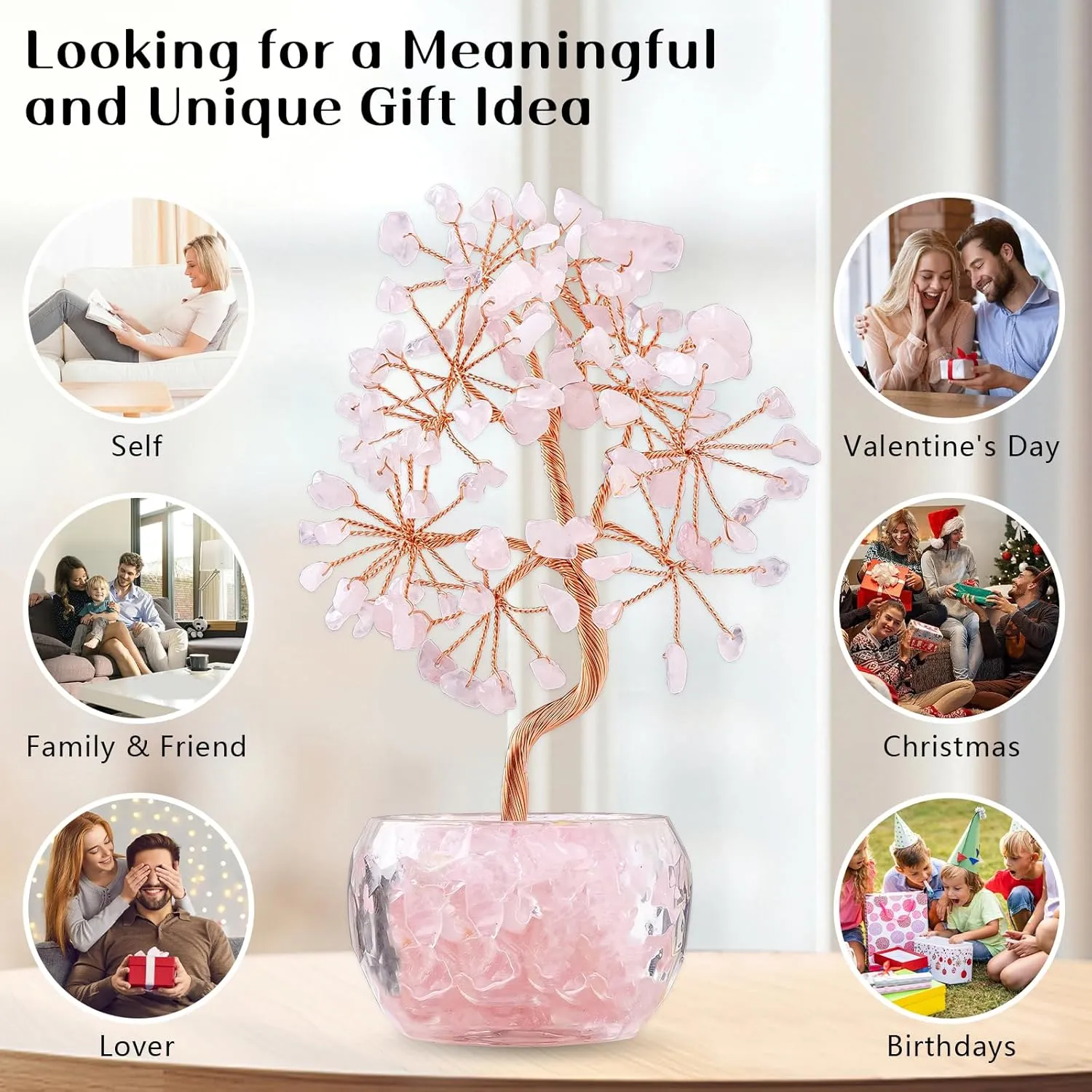 6 inch Rose Quartz Crystal Tree of Life Healing Chakra Tree for Positive Energy, Good Luck Gemstone Money Tree Bonsai Feng Shui Tree for Home Office Desk Decor Reiki Spiritual Gift for Women
