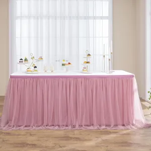 72in Dusty Rose Tulle Table Skirts for Rectangle Tables 6/4ft, 2-Layer Gold Grim Blush Pink Ruffle Tulle Tutu Cloth Table Skirt 6ft for Wedding Birthday Party Baby Shower Dessert(No Table Cover)