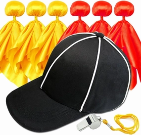 8 Pcs Challenge Flag Referee Hat Set,Tossing Flags Sports Fan Set Penalty Flag Party Accessory (3 Yellow and 3 Red),Official Football Hat and Stainless Steel Whistle,Referee Costume cap set