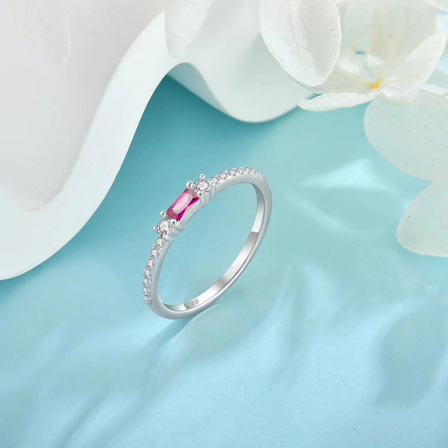 925 Sterling Silver Baguette Created Diamond Rings for Women Thin Stackable Birthstone Promise Rings Half Eternity Halo Cubic Zirconia Wedding Band Rings for Her Size 5-10