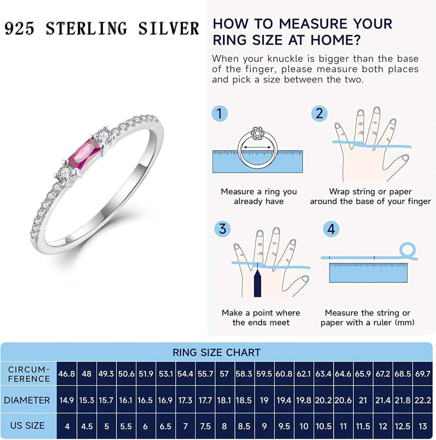 925 Sterling Silver Baguette Created Diamond Rings for Women Thin Stackable Birthstone Promise Rings Half Eternity Halo Cubic Zirconia Wedding Band Rings for Her Size 5-10