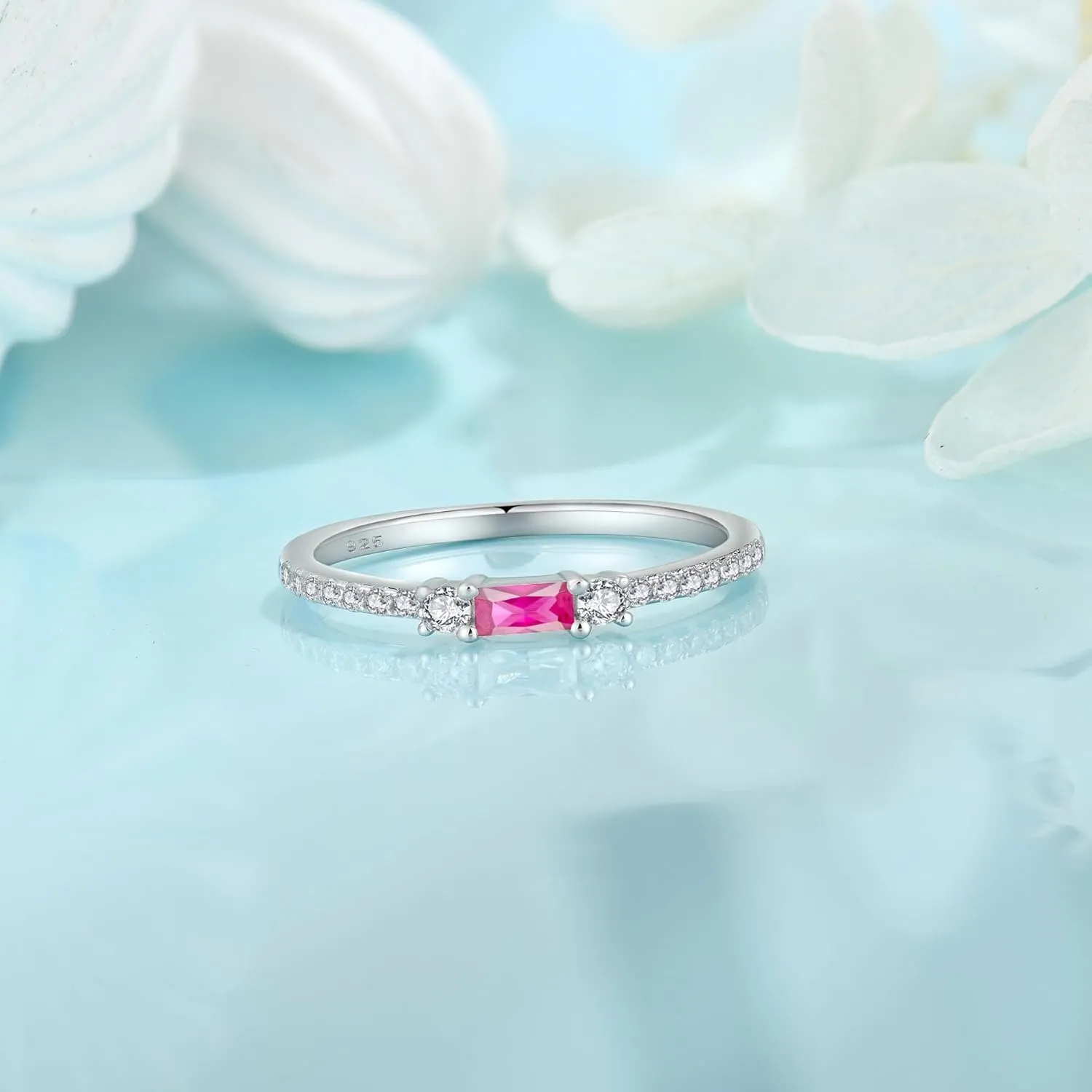 925 Sterling Silver Baguette Created Diamond Rings for Women Thin Stackable Birthstone Promise Rings Half Eternity Halo Cubic Zirconia Wedding Band Rings for Her Size 5-10