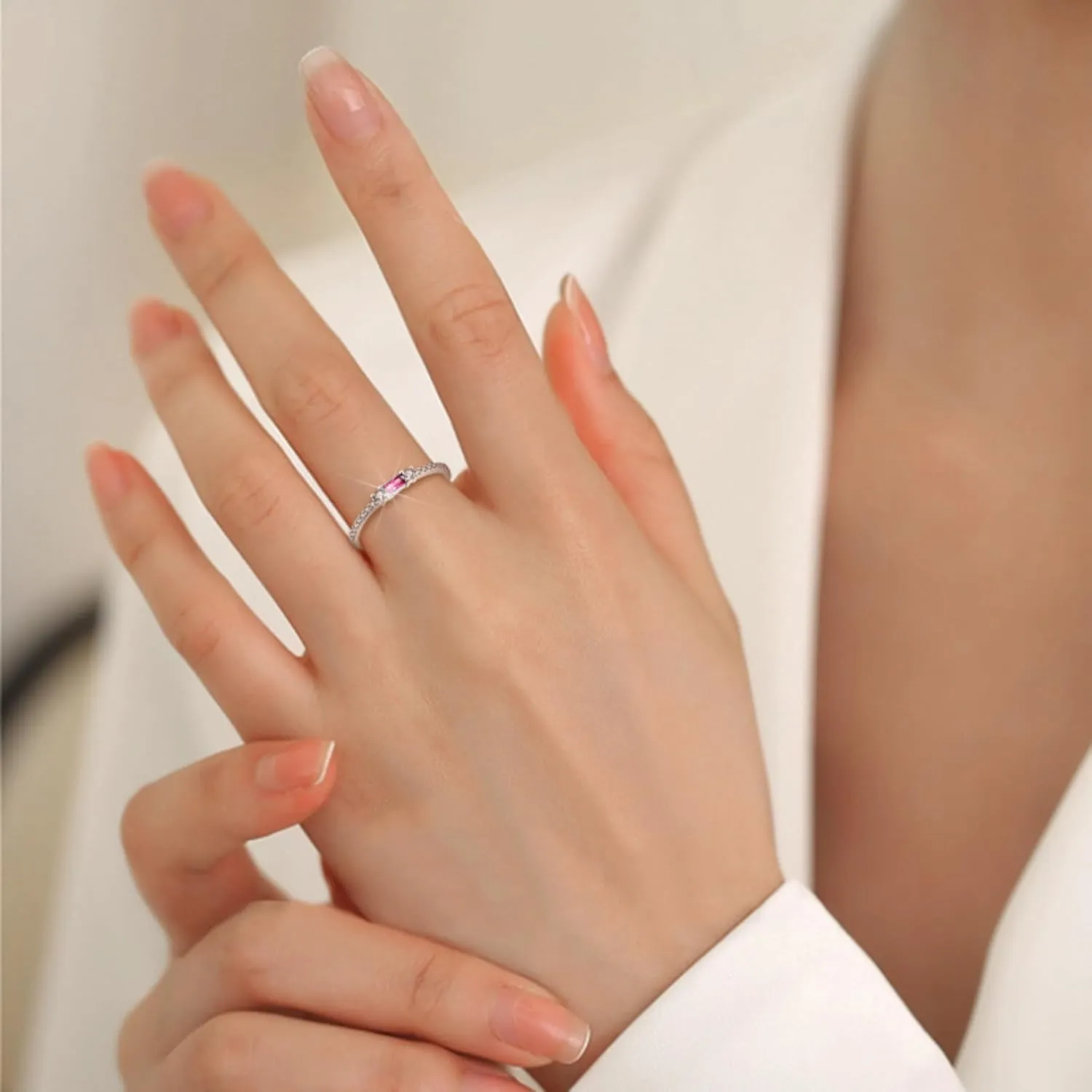 925 Sterling Silver Baguette Created Diamond Rings for Women Thin Stackable Birthstone Promise Rings Half Eternity Halo Cubic Zirconia Wedding Band Rings for Her Size 5-10