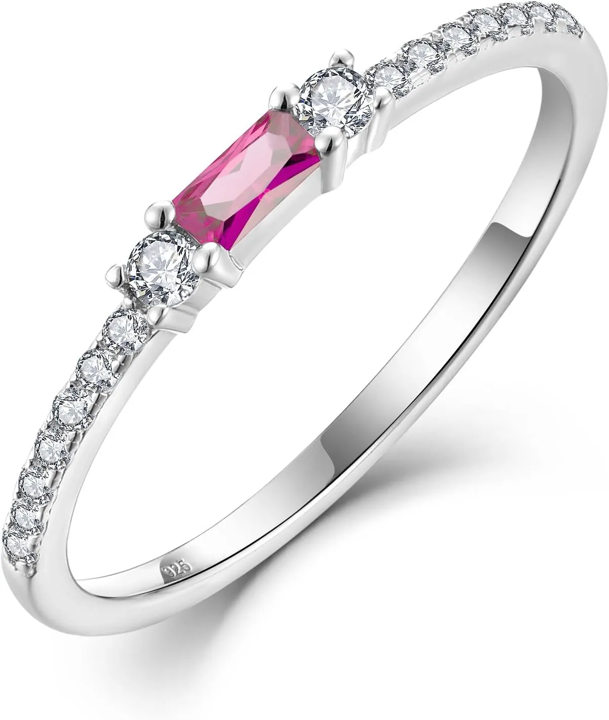925 Sterling Silver Baguette Created Diamond Rings for Women Thin Stackable Birthstone Promise Rings Half Eternity Halo Cubic Zirconia Wedding Band Rings for Her Size 5-10