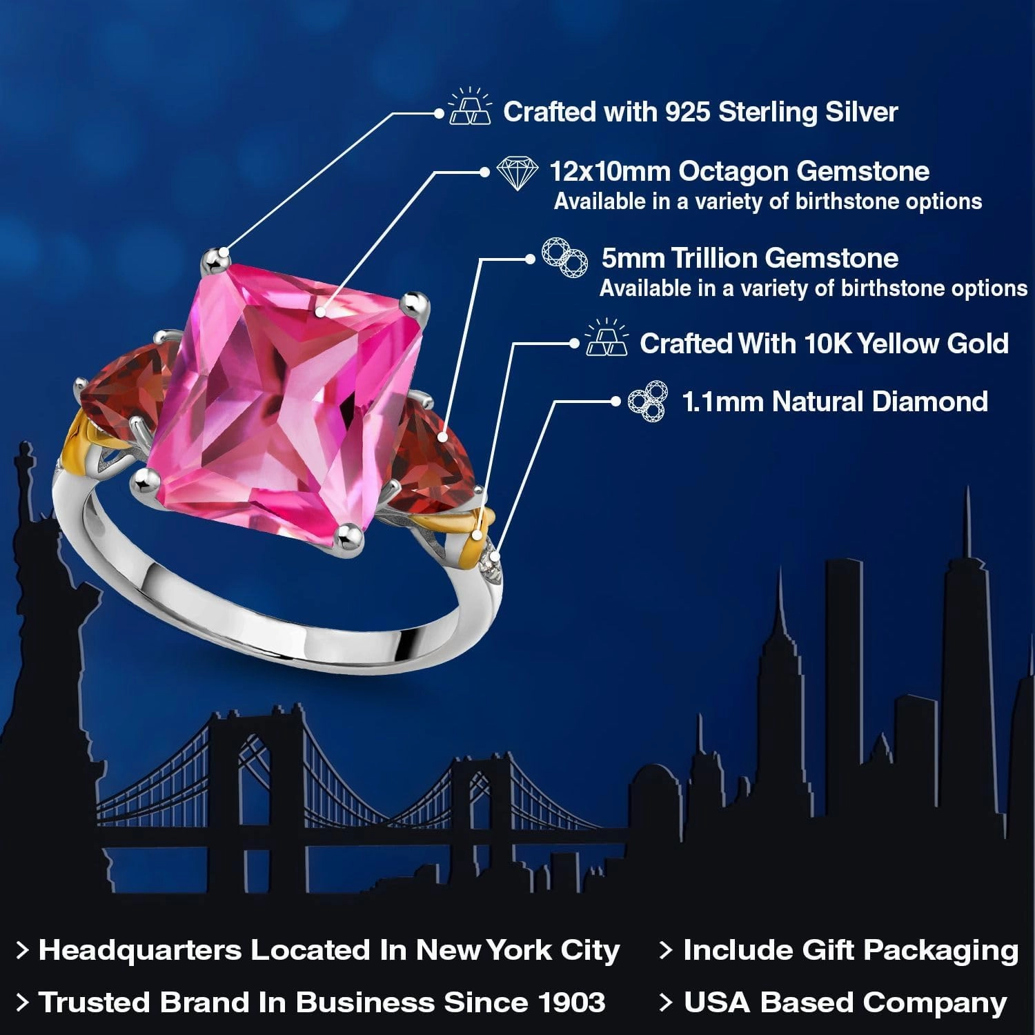 925 Silver and 10K Yellow Gold Pink Created Sapphire Red Garnet and Diamond 3 Stone Ring For Women (7.70 Cttw, Gemstone September Birthstone, Emerald Cut 12X10MM, Available In Size 5, 6, 7, 8, 9)