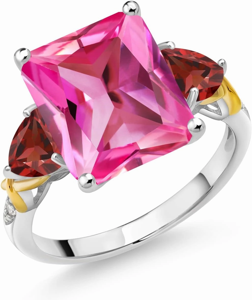 925 Silver and 10K Yellow Gold Pink Created Sapphire Red Garnet and Diamond 3 Stone Ring For Women (7.70 Cttw, Gemstone September Birthstone, Emerald Cut 12X10MM, Available In Size 5, 6, 7, 8, 9)