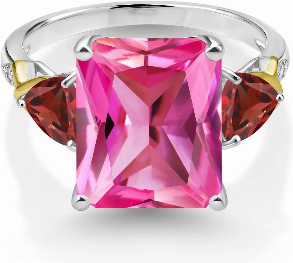 925 Silver and 10K Yellow Gold Pink Created Sapphire Red Garnet and Diamond 3 Stone Ring For Women (7.70 Cttw, Gemstone September Birthstone, Emerald Cut 12X10MM, Available In Size 5, 6, 7, 8, 9)