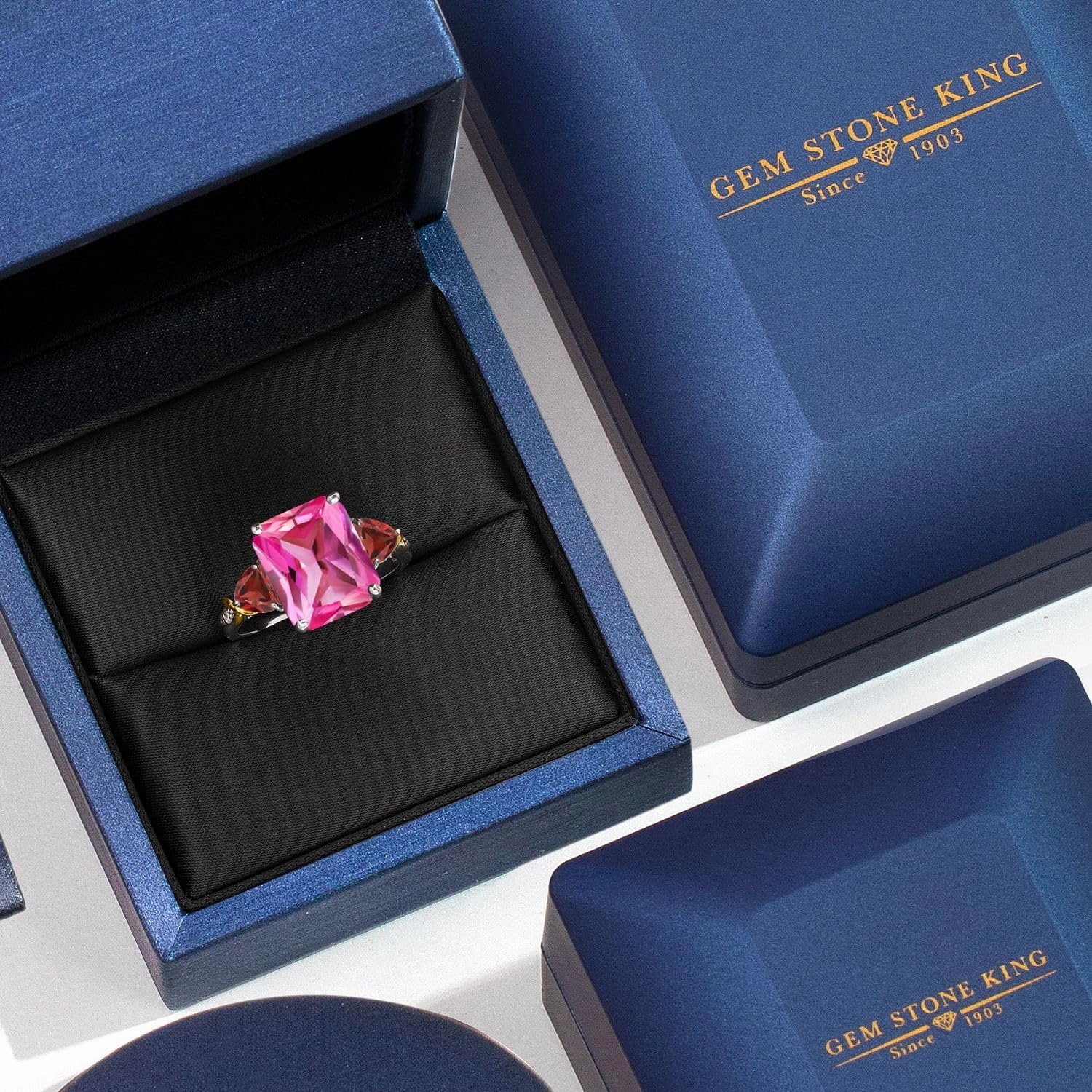 925 Silver and 10K Yellow Gold Pink Created Sapphire Red Garnet and Diamond 3 Stone Ring For Women (7.70 Cttw, Gemstone September Birthstone, Emerald Cut 12X10MM, Available In Size 5, 6, 7, 8, 9)