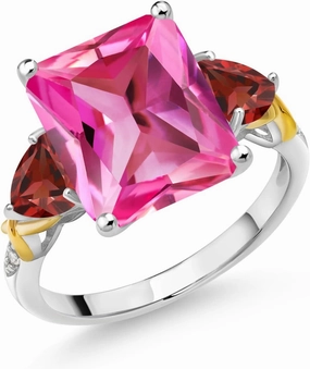925 Silver and 10K Yellow Gold Pink Created Sapphire Red Garnet and Diamond 3 Stone Ring For Women (7.70 Cttw, Gemstone September Birthstone, Emerald Cut 12X10MM, Available In Size 5, 6, 7, 8, 9)