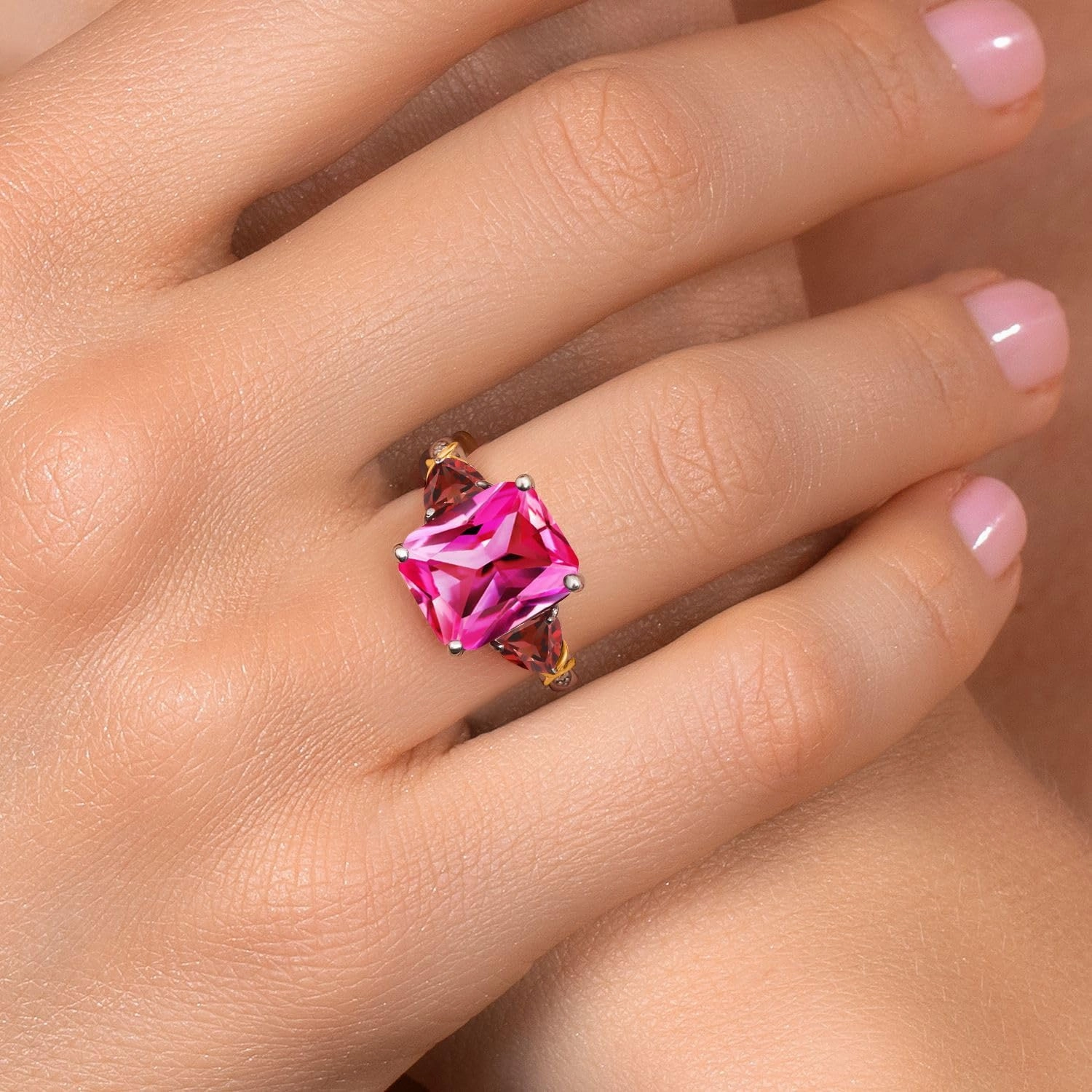 925 Silver and 10K Yellow Gold Pink Created Sapphire Red Garnet and Diamond 3 Stone Ring For Women (7.70 Cttw, Gemstone September Birthstone, Emerald Cut 12X10MM, Available In Size 5, 6, 7, 8, 9)