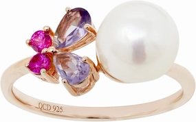 925 Sterling Silver Freshwater Pearl Cubic Zirconia Butterfly Ring, Size 7 Rose Gold Plated