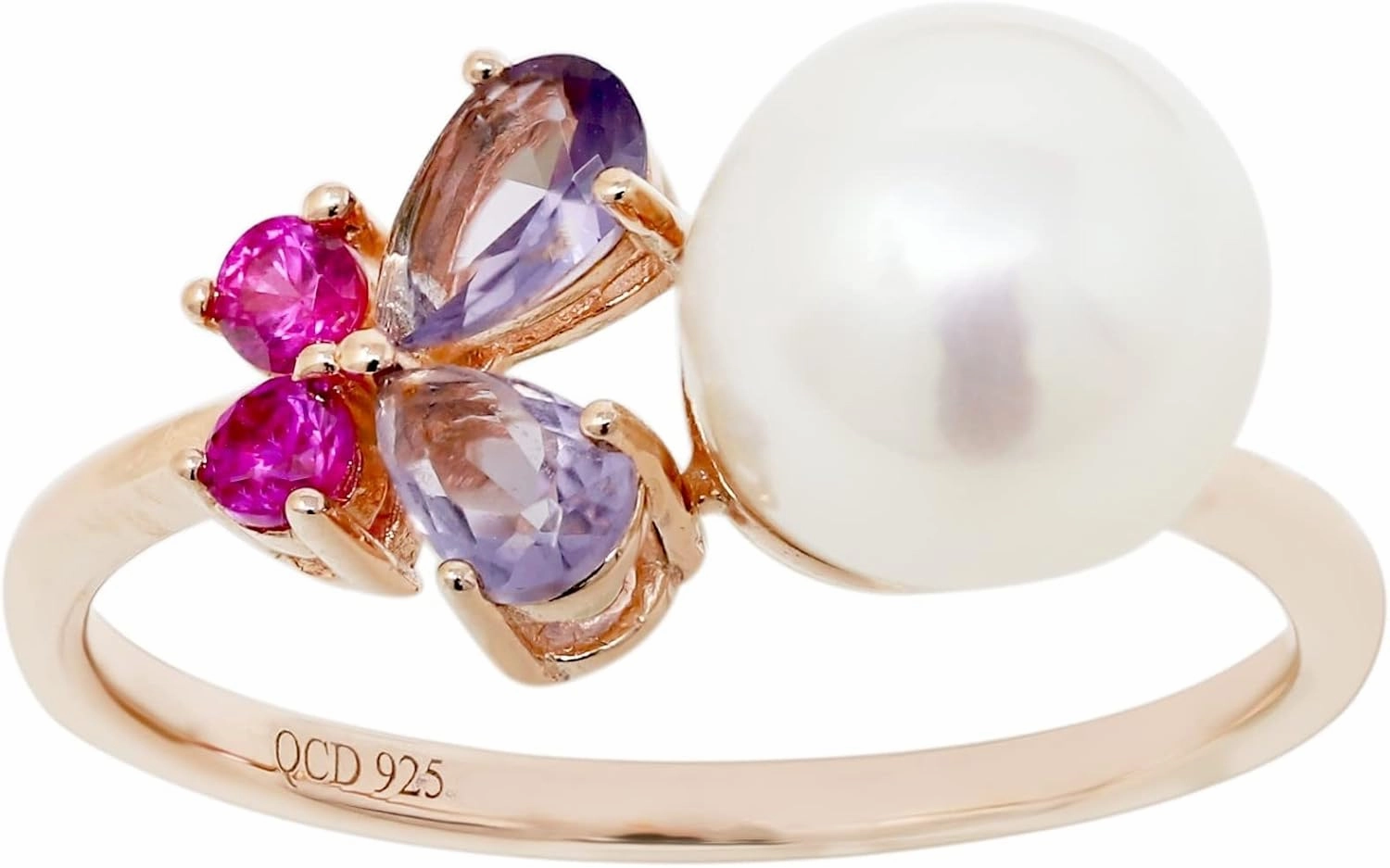925 Sterling Silver Freshwater Pearl Cubic Zirconia Butterfly Ring, Size 7 Rose Gold Plated