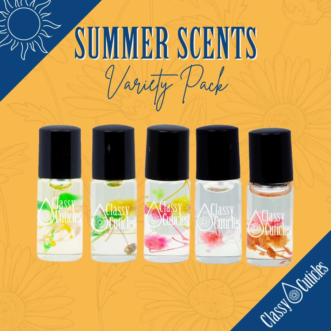 | Hand Blended Cuticle Oil | Vitamin E, Jojoba, and Argan Oil | 3 mL Roller Bottle | Summer Variety Pack | Citrus Spritz, Green Tea Hibiscus, Pineapple, Lilac, Peach | Pack of 5