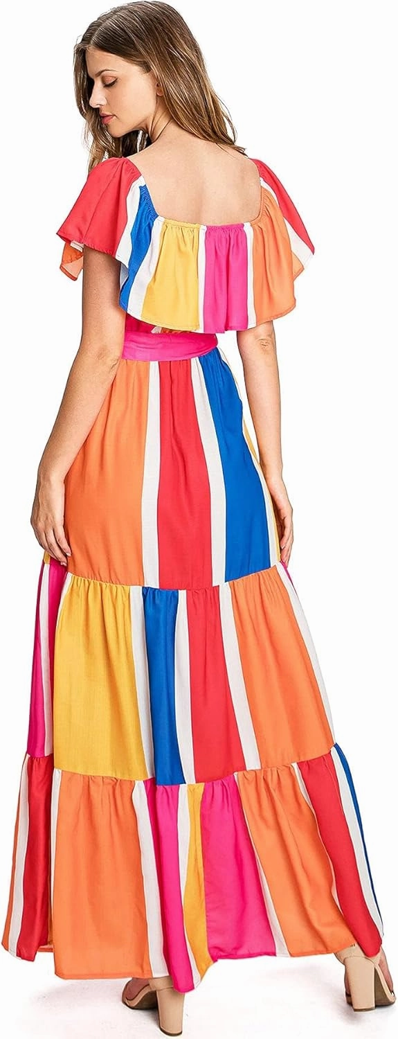 A. Calin by Flying Tomato Women's Vibrant Summer Party Off Shoulder Maxi Dress