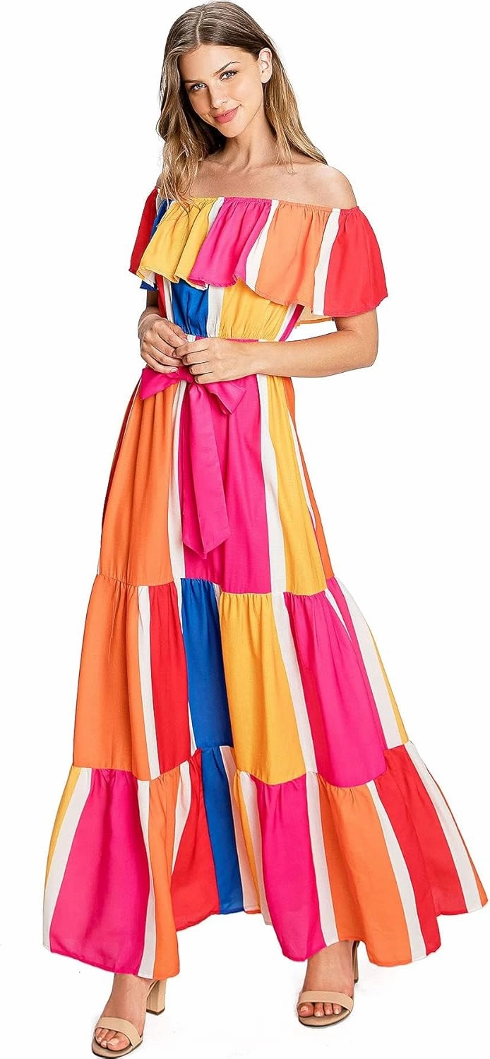 A. Calin by Flying Tomato Women's Vibrant Summer Party Off Shoulder Maxi Dress