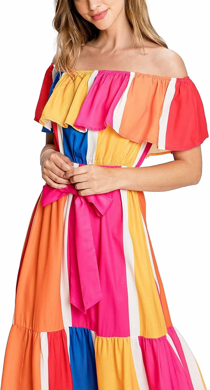 A. Calin by Flying Tomato Women's Vibrant Summer Party Off Shoulder Maxi Dress