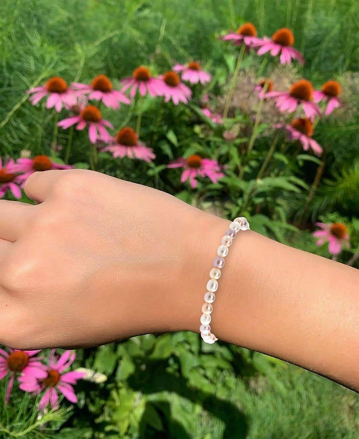 AAA 6-6.5mm White, Natural Pink, & Natural Peach Colored Oval Freshwater Cultured Pearl Bride & Bridesmaid Stretch Strand Bracelet