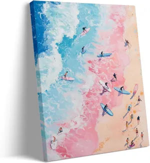 Acrylic Surfing Wave Wall Art Colorful Pink and Blue Ocean Canvas Print Surfer Beach Scene Posters for Trendy Modern Bedroom Surf Shack Lounge Teen Room Wall Decor 20x30in Large Frame wall art