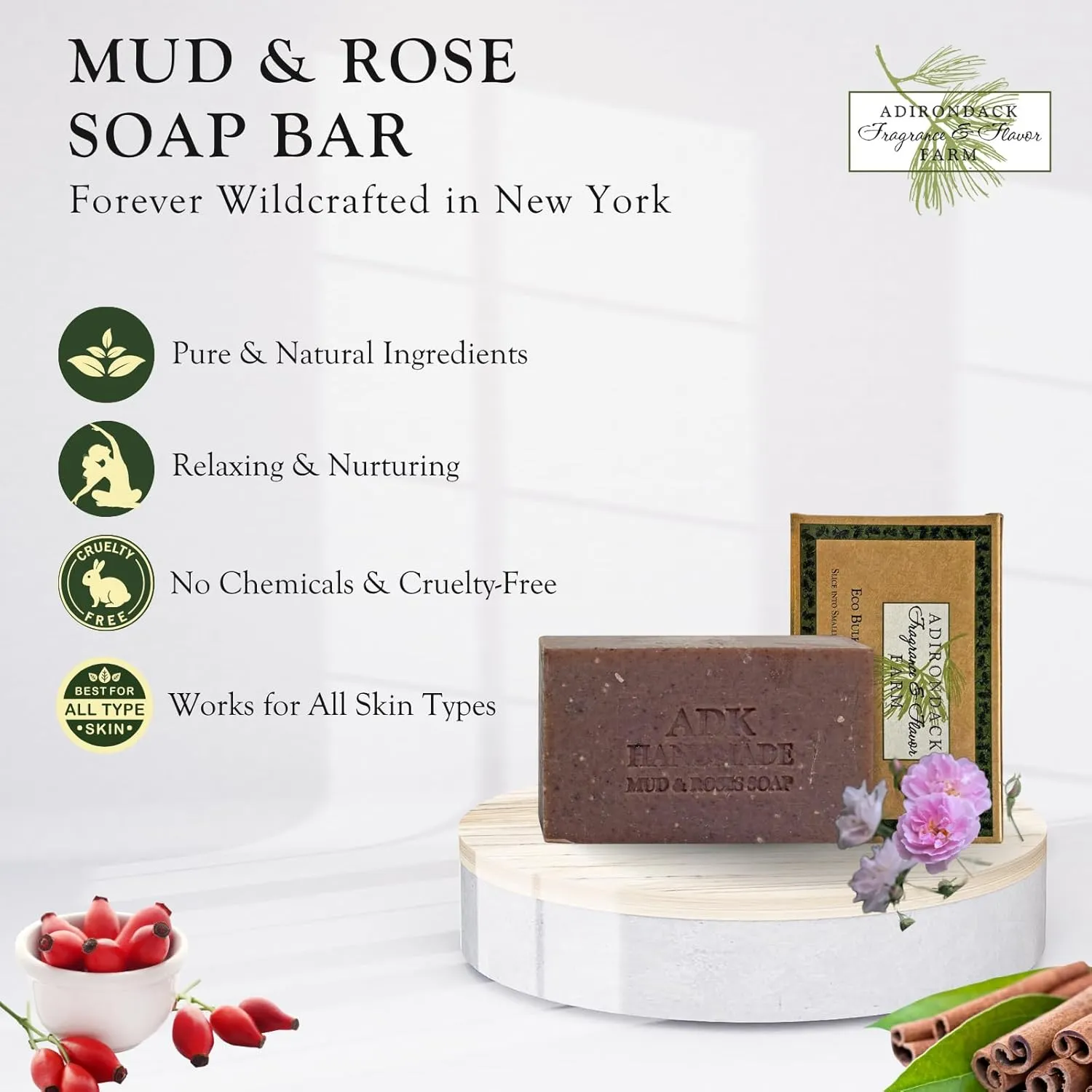 Adirondack Fragrance & Flavor Farm ADK Natural Mud & Rose Soap Bar 16 oz., Handmade Vegan Olive Oil Body Soap for Dry and Sensitive Skin, Moisturising for Men, Women & Babies