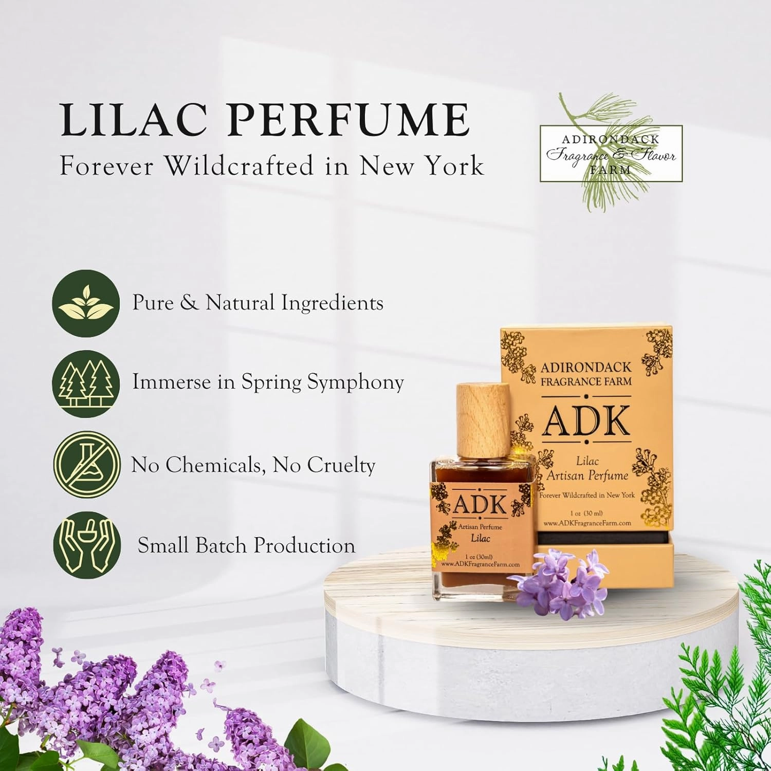 Adirondack Fragrance & Flavor Farm ADK Lilac Botanical Perfume Spray 1 oz (30 mL), Natural Hypoallergenic & Clean Perfume for Women & Men with Notes of Lilac, Heliotrope & Cedar