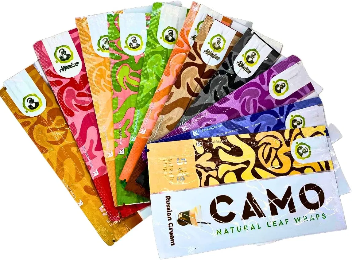 Afghan Natural Leaf Wraps CAMO Wraps Variety 11 Packs Watermelon, Blueberry, Chocolate, Grape, Mango, Vanilla, Green Apple, Peach, Guava, Russian Cream and Honey with an Official Camo Cones Sticker