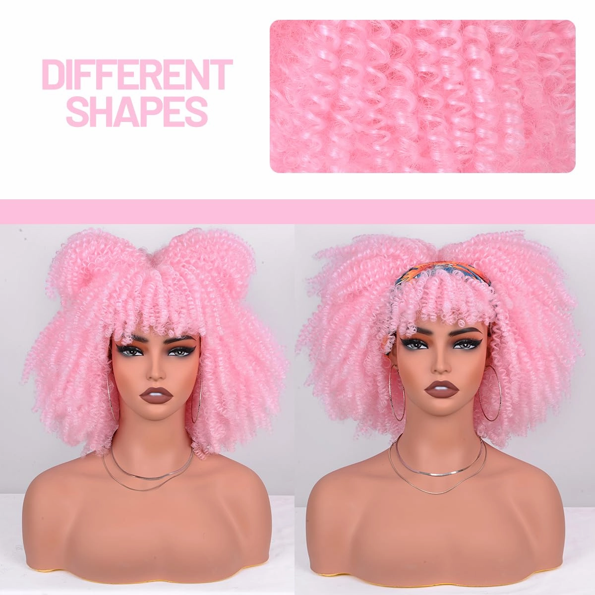 Afro Kinky Curly Wig with Bangs 12 Inches Synthetic Full Wigs about 280g/Piece Heat Resistant Short Kinky Curly Wigs for Daily Party Cosplay Pink Wig