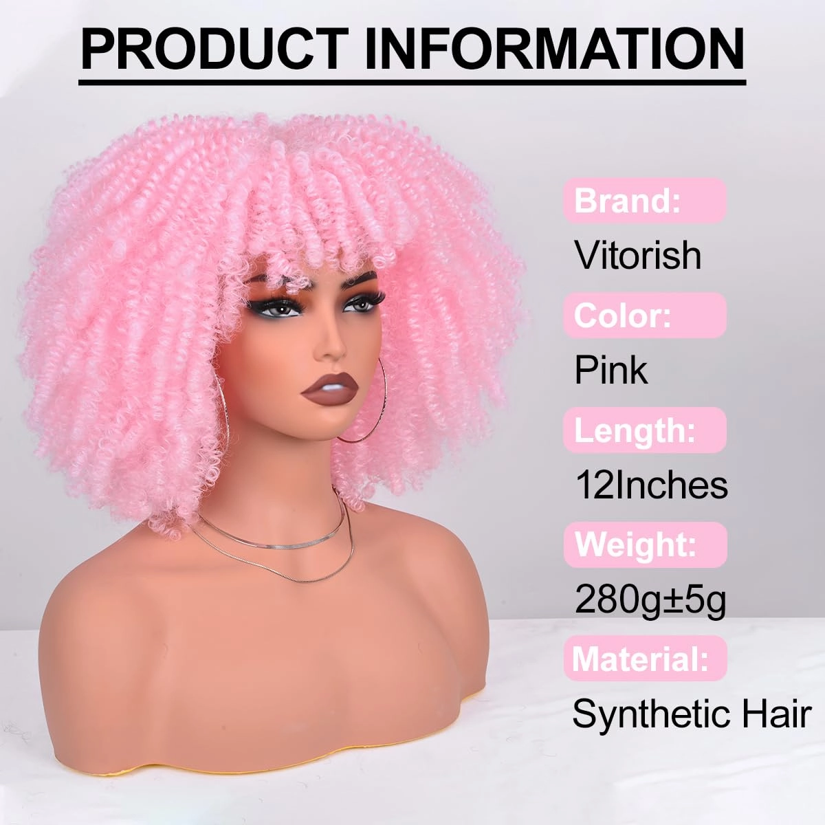 Afro Kinky Curly Wig with Bangs 12 Inches Synthetic Full Wigs about 280g/Piece Heat Resistant Short Kinky Curly Wigs for Daily Party Cosplay Pink Wig