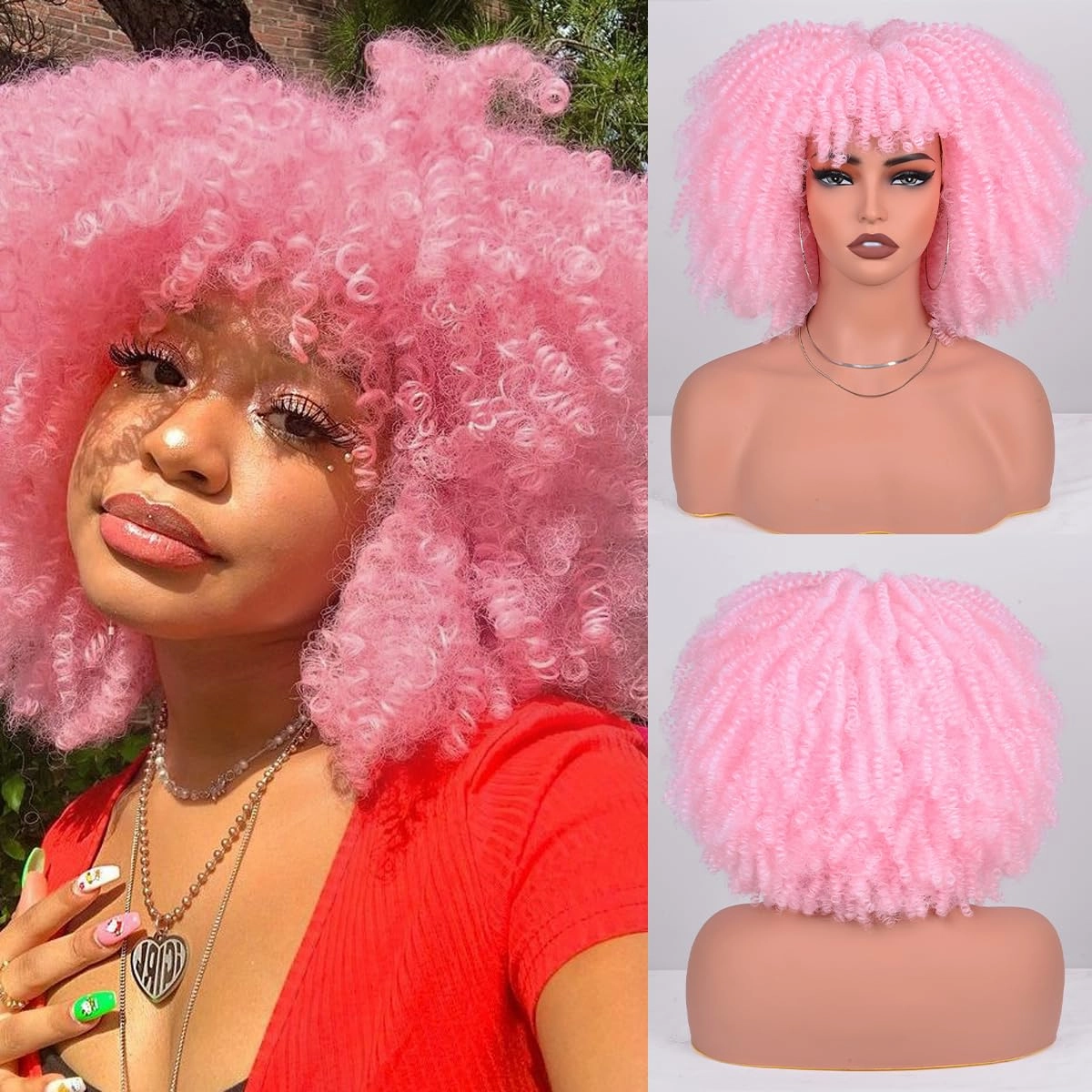 Afro Kinky Curly Wig with Bangs 12 Inches Synthetic Full Wigs about 280g/Piece Heat Resistant Short Kinky Curly Wigs for Daily Party Cosplay Pink Wig