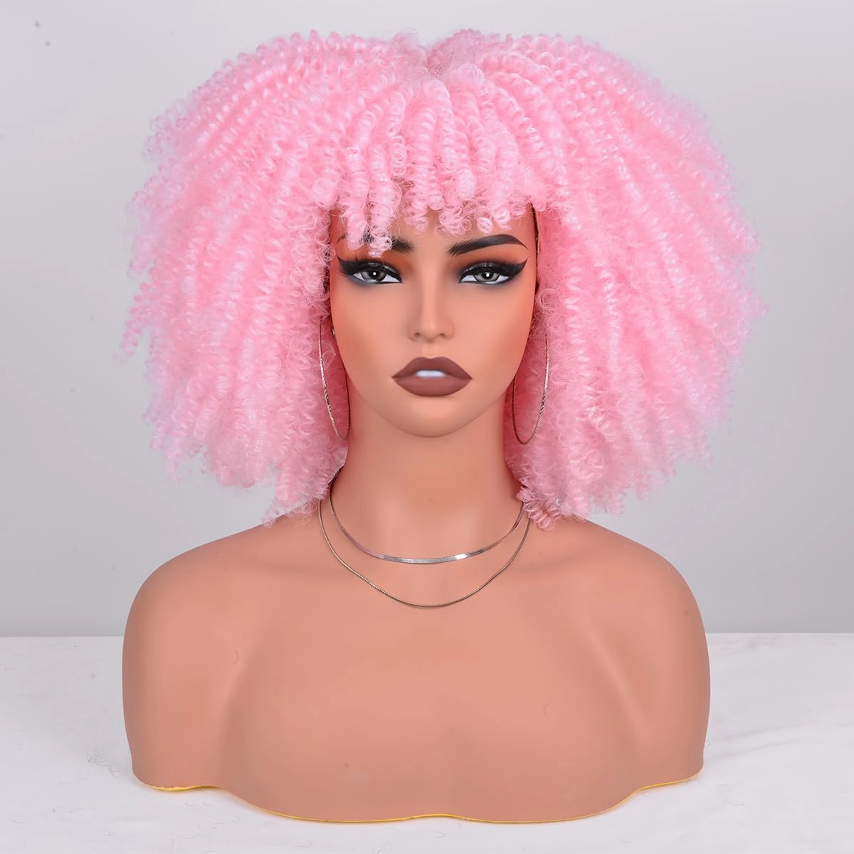 Afro Kinky Curly Wig with Bangs 12 Inches Synthetic Full Wigs about 280g/Piece Heat Resistant Short Kinky Curly Wigs for Daily Party Cosplay Pink Wig