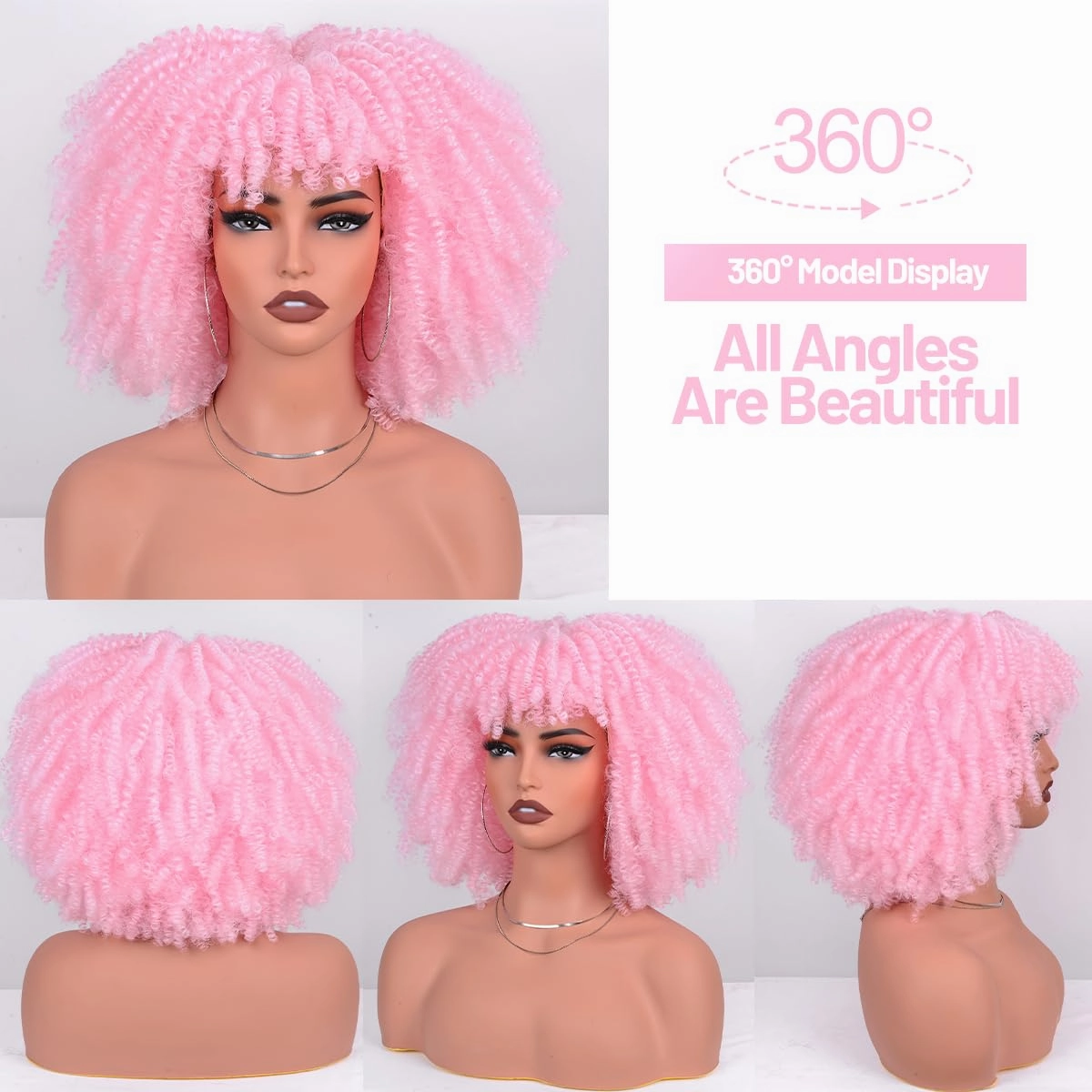 Afro Kinky Curly Wig with Bangs 12 Inches Synthetic Full Wigs about 280g/Piece Heat Resistant Short Kinky Curly Wigs for Daily Party Cosplay Pink Wig