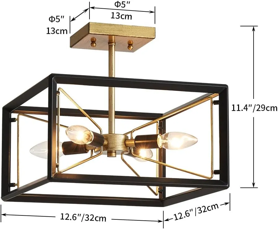 AGV LIGHTING CL046BB Modern Ceiling Light, Semi-Flushmount Close to Ceiling Light Fixture, Perfect for Living Space, L13 x W13 x H11, 4 x E12 Socket, Rustic Brass & Matte Black Finish