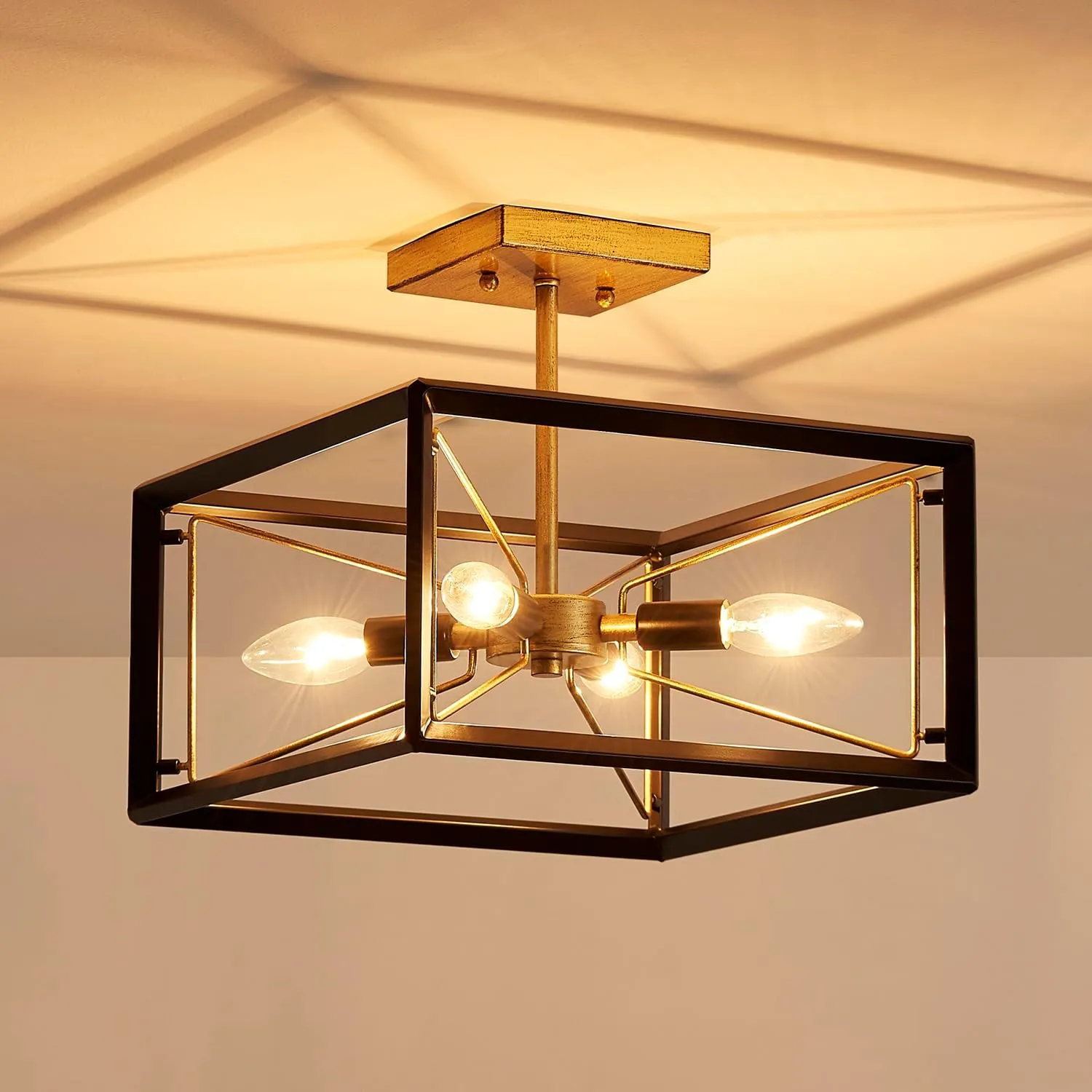 AGV LIGHTING CL046BB Modern Ceiling Light, Semi-Flushmount Close to Ceiling Light Fixture, Perfect for Living Space, L13 x W13 x H11, 4 x E12 Socket, Rustic Brass & Matte Black Finish