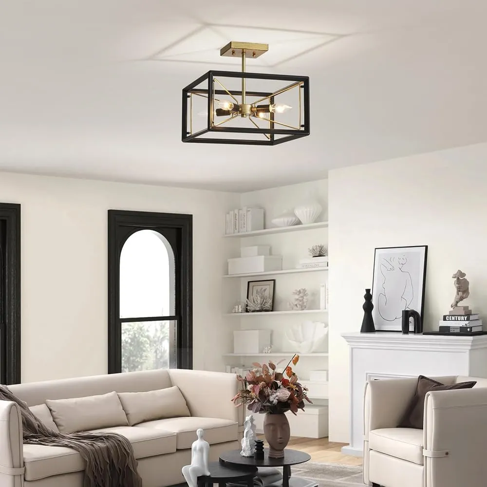 AGV LIGHTING CL046BB Modern Ceiling Light, Semi-Flushmount Close to Ceiling Light Fixture, Perfect for Living Space, L13 x W13 x H11, 4 x E12 Socket, Rustic Brass & Matte Black Finish