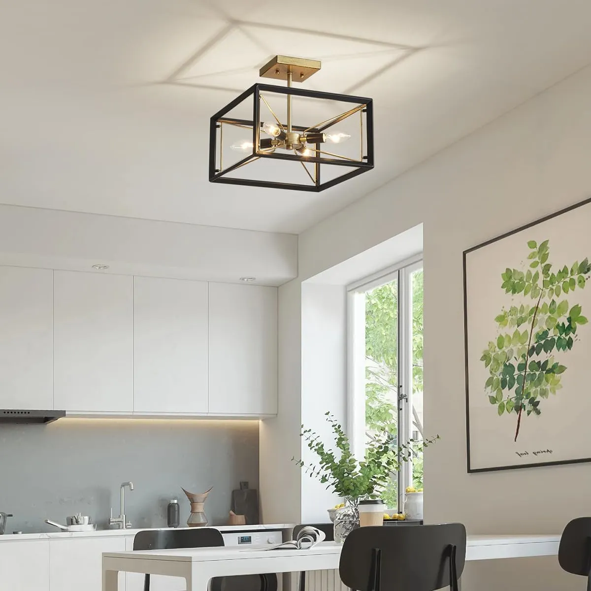 AGV LIGHTING CL046BB Modern Ceiling Light, Semi-Flushmount Close to Ceiling Light Fixture, Perfect for Living Space, L13 x W13 x H11, 4 x E12 Socket, Rustic Brass & Matte Black Finish