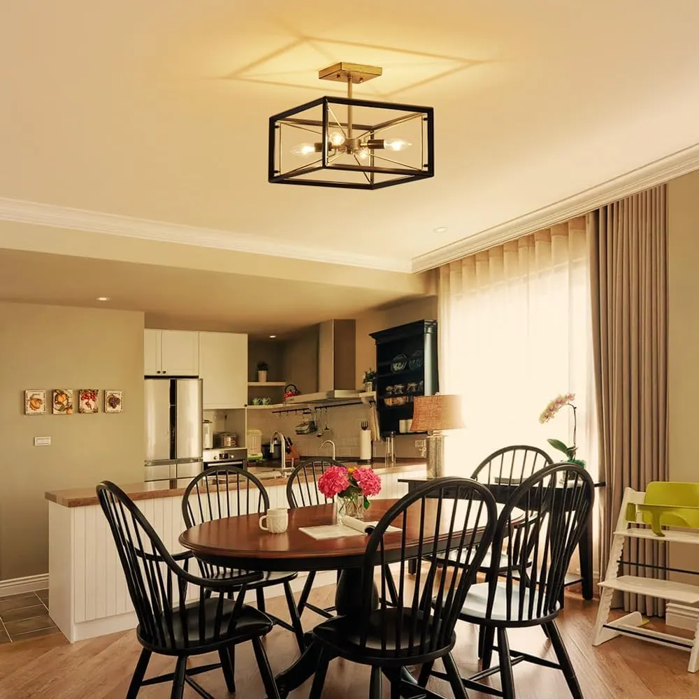 AGV LIGHTING CL046BB Modern Ceiling Light, Semi-Flushmount Close to Ceiling Light Fixture, Perfect for Living Space, L13 x W13 x H11, 4 x E12 Socket, Rustic Brass & Matte Black Finish