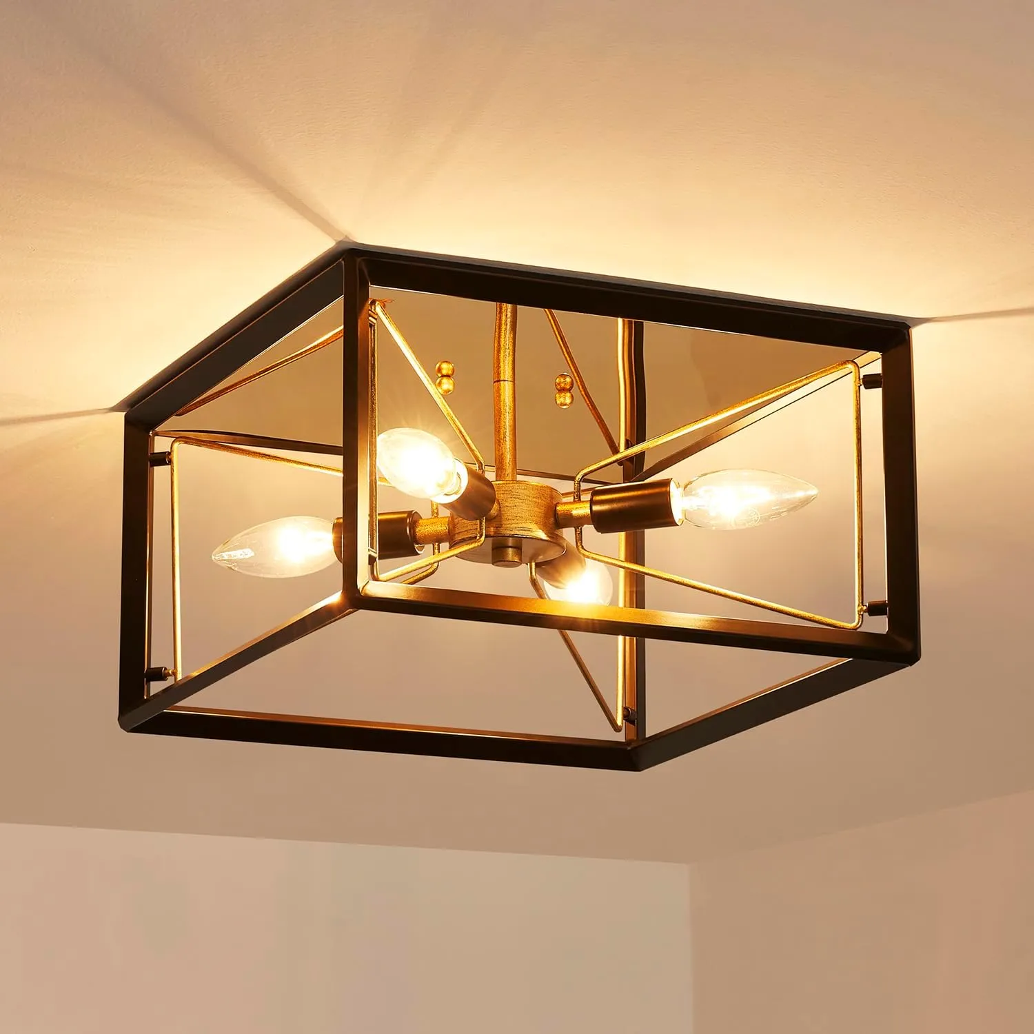 AGV LIGHTING CL047BB Modern Ceiling Light, Semi-Flushmount Close to Ceiling Light Fixture, Perfect for Living Space, D13 x H5, 4 x E12 Socket, Rustic Brass & Matte Black Finish