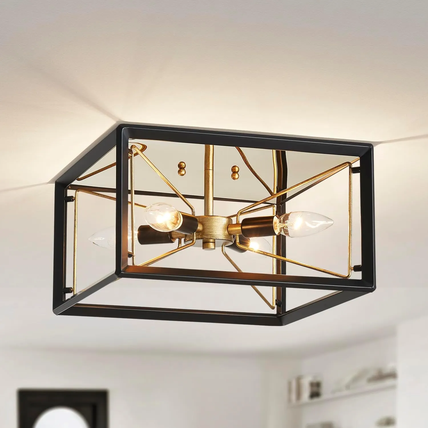 AGV LIGHTING CL047BB Modern Ceiling Light, Semi-Flushmount Close to Ceiling Light Fixture, Perfect for Living Space, D13 x H5, 4 x E12 Socket, Rustic Brass & Matte Black Finish