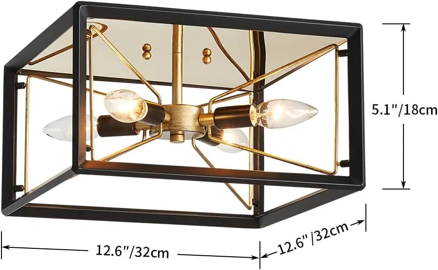 AGV LIGHTING CL047BB Modern Ceiling Light, Semi-Flushmount Close to Ceiling Light Fixture, Perfect for Living Space, D13 x H5, 4 x E12 Socket, Rustic Brass & Matte Black Finish
