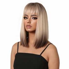 Aimole 14" Bob Straight Brown Blonde Ombre Wig with Cute Flat Bangs Dark Roots Gray Natural Synthetic Hair