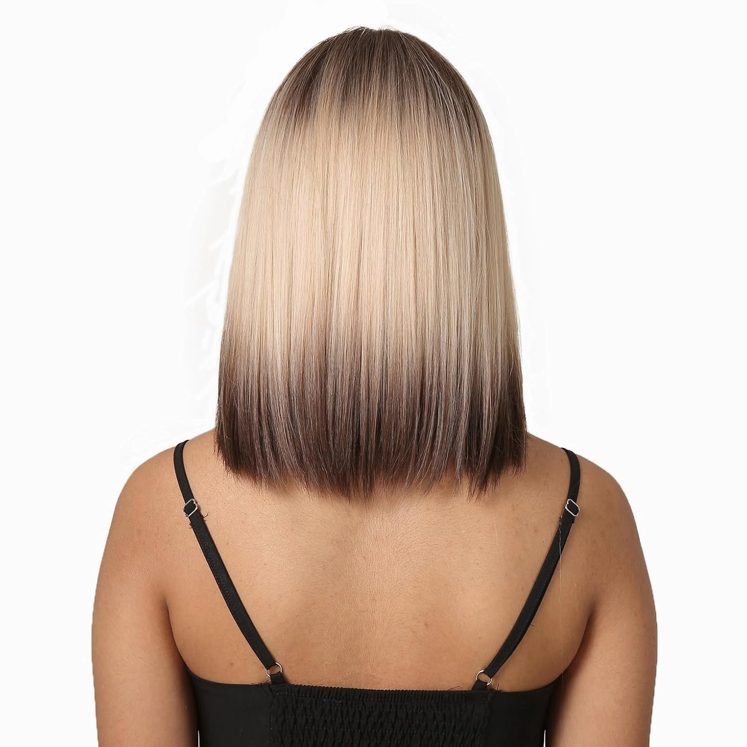 Aimole 14" Bob Straight Brown Blonde Ombre Wig with Cute Flat Bangs Dark Roots Gray Natural Synthetic Hair