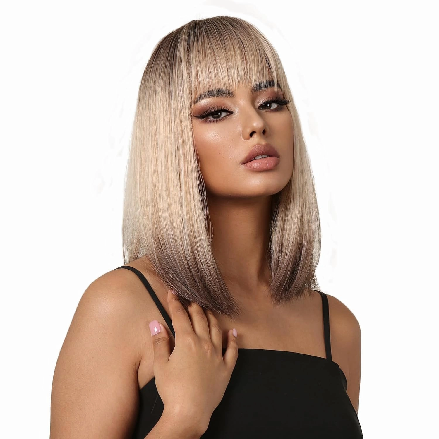 Aimole 14" Bob Straight Brown Blonde Ombre Wig with Cute Flat Bangs Dark Roots Gray Natural Synthetic Hair