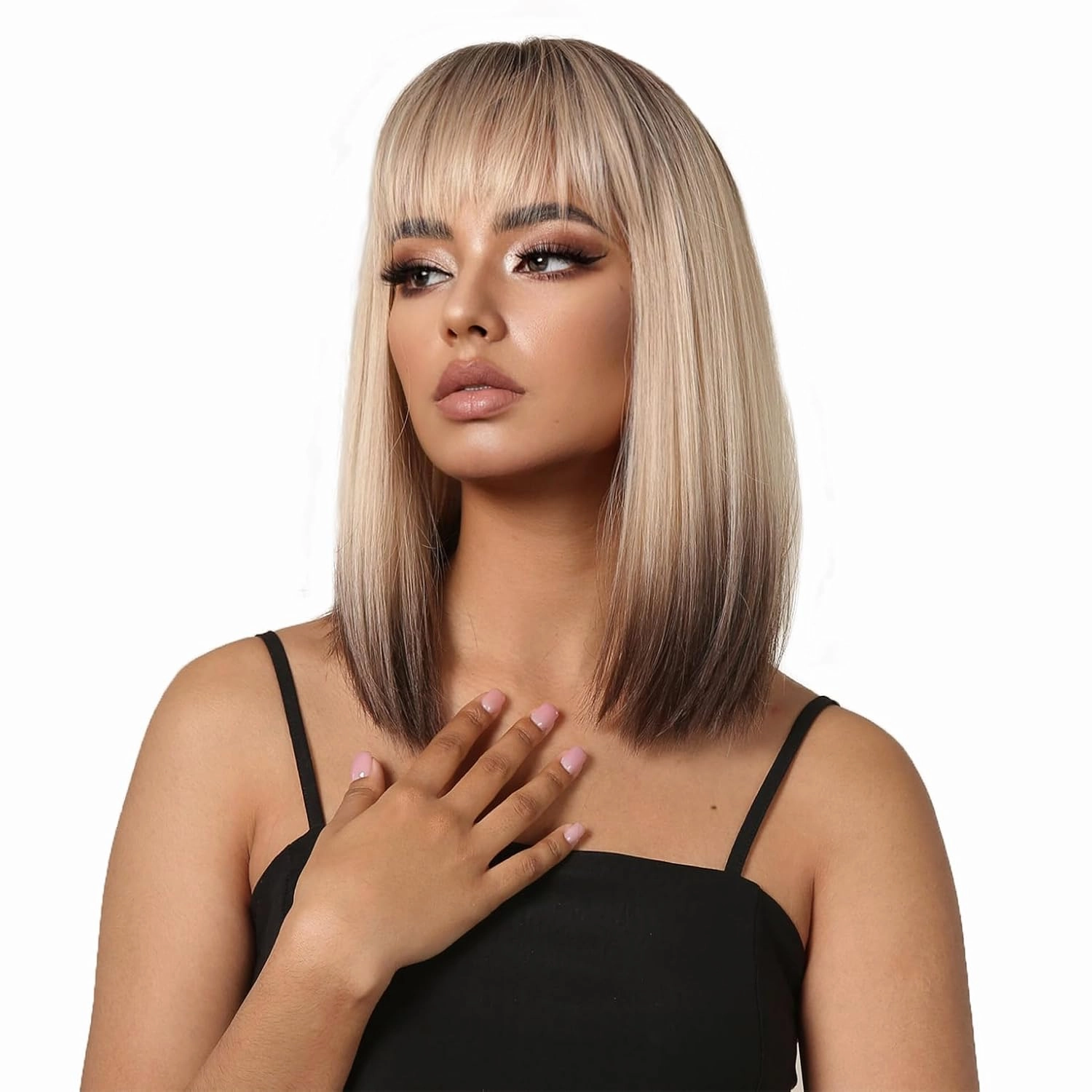 Aimole 14" Bob Straight Brown Blonde Ombre Wig with Cute Flat Bangs Dark Roots Gray Natural Synthetic Hair